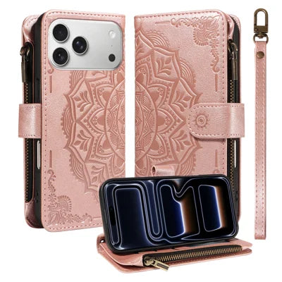 For iPhone 18 Pro Max / 17 Pro Max Wallet Case 9 Card Slots RFID Blocking Mandala Embossed Leather Flip Cover with Wrist Strap - Rose Gold