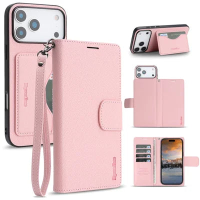 HGUANCASE For iPhone 18 Pro Max / 17 Pro Max Case Wallet Stand Detachable Vintage Leather Phone Cover with Wrist Strap - Pink