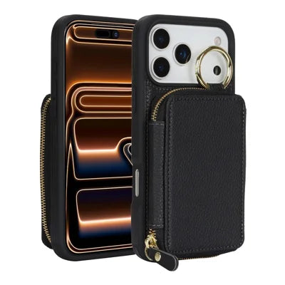 For iPhone 18 Pro Max / 17 Pro Max Zipper Wallet Case Litchi Texture Leather Back Phone Cover with Metal Ring Holder - Black
