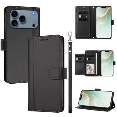 For iPhone 18 Pro Max / 17 Pro Max Case 9 Card Slots PU Leather Flip Wallet Phone Cover with Hand Strap - Black