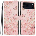 For iPhone 18 Pro Max / 17 Pro Max Wallet Case Pattern Printing PU Leather Stand Flip Phone Cover with Wrist Strap - Pink Sakura Butterfly