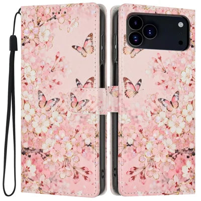For iPhone 18 Pro Max / 17 Pro Max Wallet Case Pattern Printing PU Leather Stand Flip Phone Cover with Wrist Strap - Pink Sakura Butterfly