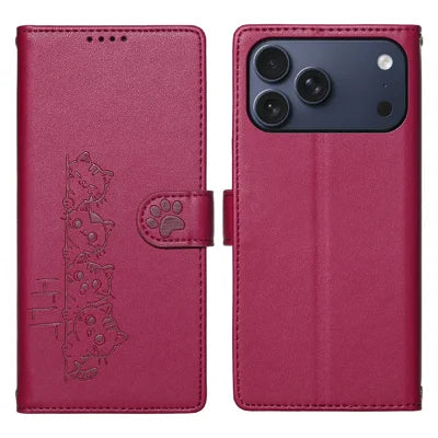 For iPhone 18 Pro Max / 17 Pro Max Case Adorable Cat Pattern PU Leather Wallet Phone Cover with Wrist Strap - Rose