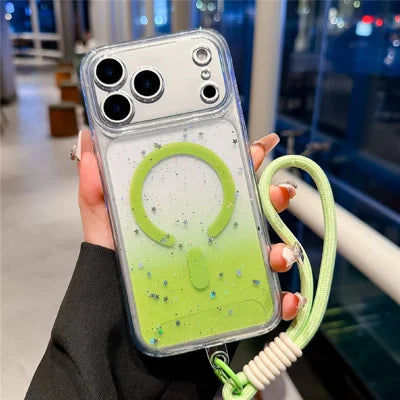 For iPhone 18 Pro Max / 17 Pro Max Magnetic Case Star Glitter PC + TPU Shockproof Phone Cover with Wrist Strap - Green