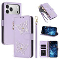 For iPhone 18 Pro Max / 17 Pro Max Case Glitter Butterfly Zipper Pocket Stand Leather Phone Cover with Hand Strap / Shoulder Strap - Light Purple