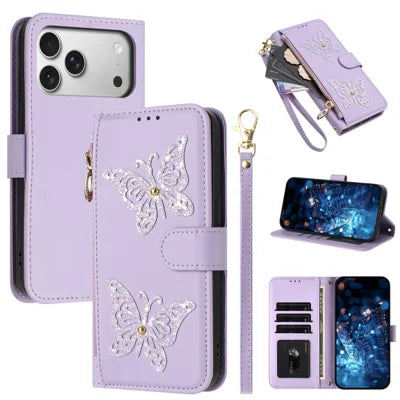 For iPhone 18 Pro Max / 17 Pro Max Case Glitter Butterfly Zipper Pocket Stand Leather Phone Cover with Hand Strap / Shoulder Strap - Light Purple