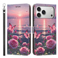 For iPhone 18 Pro Max / 17 Pro Max Case Pattern Printing PU Leather Flip Wallet Phone Cover with Wrist Strap - Rose Butterfly