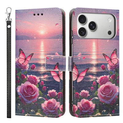 For iPhone 18 Pro Max / 17 Pro Max Case Pattern Printing PU Leather Flip Wallet Phone Cover with Wrist Strap - Rose Butterfly