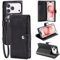 Wallet Case for iPhone 18 Pro Max / 17 Pro Max Litchi Texture Zipper Pocket Stand Leather Flip Phone Cover with Wrist Strap - Black