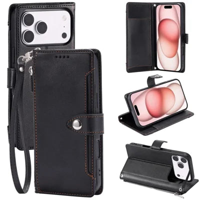 Wallet Case for iPhone 18 Pro Max / 17 Pro Max Litchi Texture Zipper Pocket Stand Leather Flip Phone Cover with Wrist Strap - Black