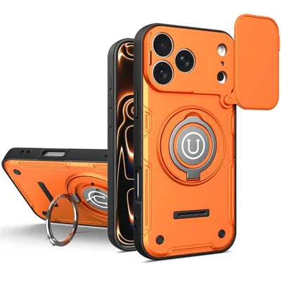 For iPhone 18 Pro Max / 17 Pro Max Case with Slide Camera Cover Ring Kickstand PC + TPU Phone Shell - Orange