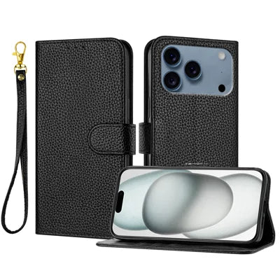 For iPhone 18 Pro Max / 17 Pro Max Leather Case Litchi Texture Wallet Stand Anti Drop Phone Cover with Wrist Strap - Black