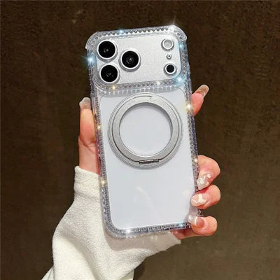 For iPhone 18 Pro Max / 17 Pro Max Magnetic Case Rhinestones Decor Ring Kickstand PC + TPU Clear Phone Cover - Transparent