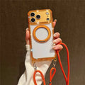For iPhone 18 Pro Max / 17 Pro Max Magnetic Case Ring Kickstand PC + TPU Rhinestones Decor Phone Cover with Shoulder Strap - Orange