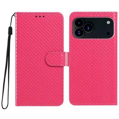 For iPhone 18 Pro Max / 17 Pro Max Wallet Case Diamond Texture Leather Stand Flip Phone Cover with Wrist Strap - Rose