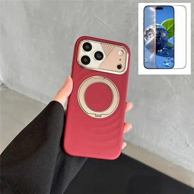 For iPhone 18 Pro Max / 17 Pro Max Magnetic Case Kickstand Ripple Texture TPU Phone Cover with Tempered Glass Screen Protector - Red