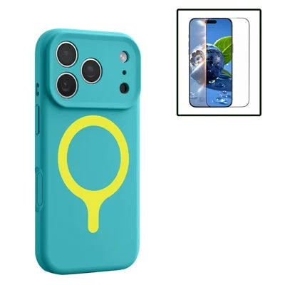 For iPhone 18 Pro Max / 17 Pro Max Magnetic Case Liquid Silicone Anti Scratch Phone Cover with Tempered Glass Screen Protector - Mint Blue