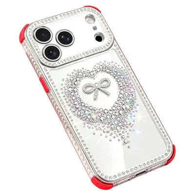 For iPhone 18 Pro Max / 17 Pro Max Case Rhinestone Design Heart Bow Aesthetic PC + TPU Corner Protection Phone Cover - Red