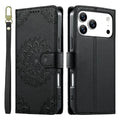 For iPhone 18 Pro Max / 17 Pro Max Case Embossed Totem Leather Flip Wallet Phone Cover with Wrist Strap - Black