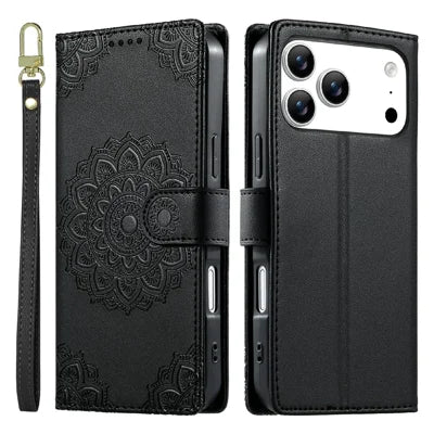 For iPhone 18 Pro Max / 17 Pro Max Case Embossed Totem Leather Flip Wallet Phone Cover with Wrist Strap - Black