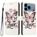  For iPhone 17 Pro Max / iPhone 18 Pro Max Case Pattern Printed PU Leather Flip Wallet Phone Cover with Wrist Strap - Pink Butterfly