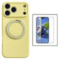 For iPhone 18 Pro Max / 17 Pro Max Magnetic Case Rotatable Kickstand Liquid Silicone Phone Cover with Tempered Glass Screen Protector - Cream Yellow