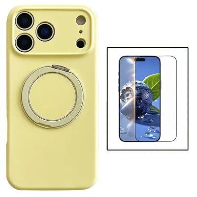 For iPhone 18 Pro Max / 17 Pro Max Magnetic Case Rotatable Kickstand Liquid Silicone Phone Cover with Tempered Glass Screen Protector - Cream Yellow
