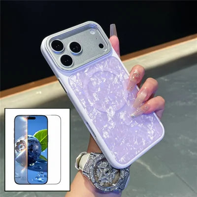 For iPhone 18 Pro Max / 17 Pro Max Magnetic Case Shell Pattern TPU Shockproof Phone Cover with Tempered Glass Screen Protector - Purple