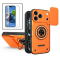 For iPhone 18 Pro Max / 17 Pro Max Case Sliding Camera Cover Ring Kickstand PC + TPU Phone Shell with Tempered Glass Film - Orange