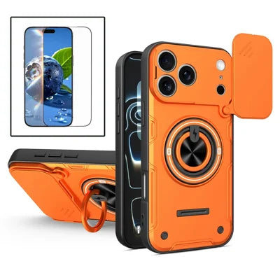 For iPhone 18 Pro Max / 17 Pro Max Case Sliding Camera Cover Ring Kickstand PC + TPU Phone Shell with Tempered Glass Film - Orange