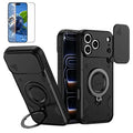 For iPhone 18 Pro Max / 17 Pro Max Magnetic Case Rotating Kickstand Lens Slider Cover PC + TPU Phone Shell with Tempered Glass Flim - Black