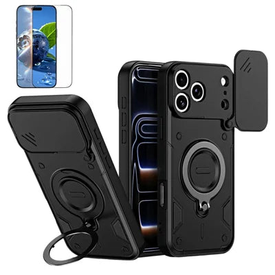 For iPhone 18 Pro Max / 17 Pro Max Magnetic Case Rotating Kickstand Lens Slider Cover PC + TPU Phone Shell with Tempered Glass Flim - Black