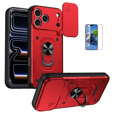 For iPhone 18 Pro Max / 17 Pro Max Magnetic Case Sliding Lens Cover PC + TPU Phone Shell with Tempered Glass Film - Red