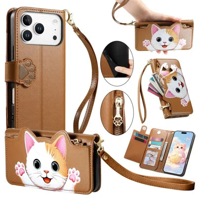 For iPhone 18 Pro Max / 17 Pro Max Leather Case Cartoon Cat Pattern Wallet Stand Phone Cover with Wrist Strap - Brown