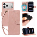  For iPhone 18 Pro Max / iPhone 17 Pro Max Case with Wrist Strap RFID Blocking Wallet Cowhide Texture Leather Phone Cover - Rose Gold
