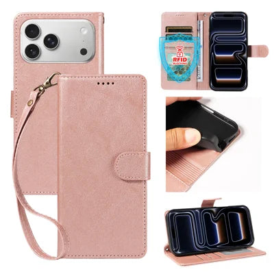  For iPhone 18 Pro Max / iPhone 17 Pro Max Case with Wrist Strap RFID Blocking Wallet Cowhide Texture Leather Phone Cover - Rose Gold