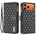 BINFEN COLOR for iPhone 18 Pro Max / 17 Pro Max BF Style-15 Leather Case Zipper Pocket Rhombus Phone Cover - Black