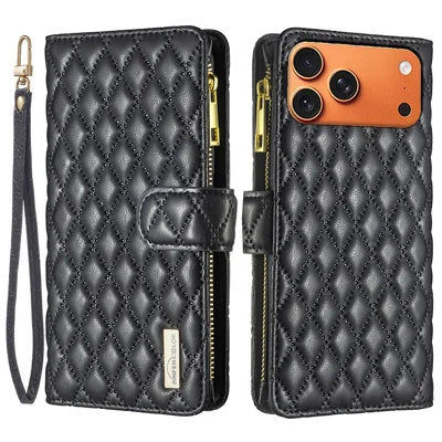 BINFEN COLOR for iPhone 18 Pro Max / 17 Pro Max BF Style-15 Leather Case Zipper Pocket Rhombus Phone Cover - Black