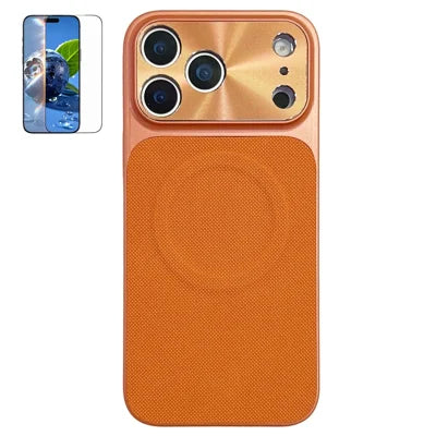 For iPhone 18 Pro Max / 17 Pro Max Magnetic Case Ring Kickstand Tech Fabric Coated PC + TPU Phone Back Cover with Tempered Glass Screen Protector - Orange