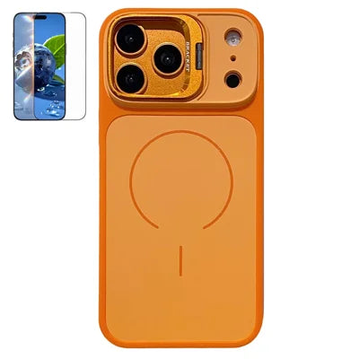 For iPhone 18 Pro Max / 17 Pro Max Magnetic Case Hidden Camera Kickstand PC + TPU Phone Cover with Tempered Glass Screen Protector - Orange