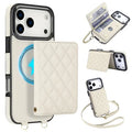 For iPhone 18 Pro Max / 17 Pro Max Magnetic Case Detachable Card Holder Kickstand PU Leather Phone Back Cover with Wrist Strap + Long Strap - White