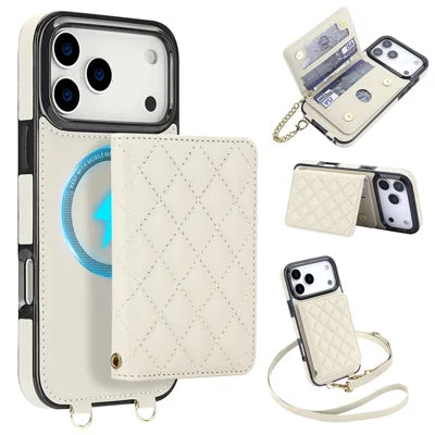 For iPhone 18 Pro Max / 17 Pro Max Magnetic Case Detachable Card Holder Kickstand PU Leather Phone Back Cover with Wrist Strap + Long Strap - White