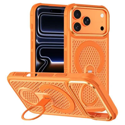 For iPhone 18 Pro Max / 17 Pro Max Magnetic Case with 360° Rotating Ring Kickstand Heat Dissipation Honeycomb PC TPU Cover Compatible with Magsafe - Orange