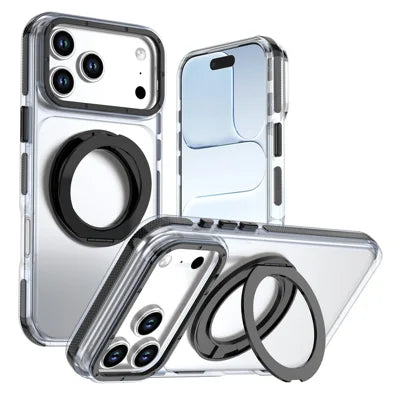 For iPhone 18 Pro Max / 17 Pro Max Magnetic Case Rotating Ring Kickstand Dual Color Acrylic + TPU Clear Phone Cover - Black