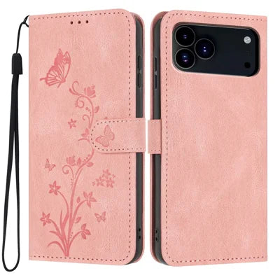 For iPhone 18 Pro Max / 17 Pro Max Wallet Case Butterfly Flower Imprint PU Leather Phone Cover with Wrist Strap - Pink