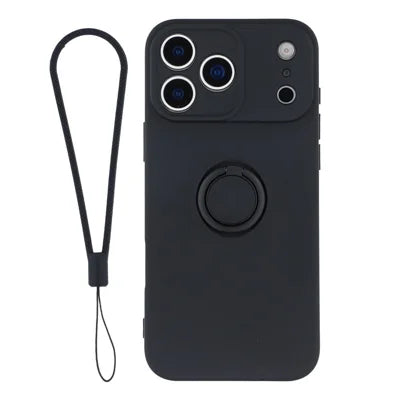 For iPhone 18 Pro Max / 17 Pro Max Silicone Case with Strap Ring Kickstand Phone Cover - Black