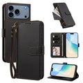 For iPhone 18 Pro Max / 17 Pro Max Case 4 Card Slots Wallet Stand PU Leather Phone Cover with Wrist Strap - Black