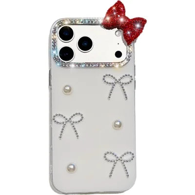 For iPhone 18 Pro Max / 17 Pro Max Case Pearl Bow Decor PC + TPU IMD Phone Cover with Rhinestone Camera Ring - Pearl White