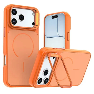 For iPhone 18 Pro Max / 17 Pro Max Case Skin-touch PC + TPU Magnetic Phone Cover with Lens Frame Kickstand - Orange