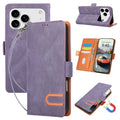 For iPhone 17 Pro Max  /  18 Pro Max Case U-Shape Decoration Magnetic Side Clasp Wallet Leather Phone Cover with Wrist Strap - Purple